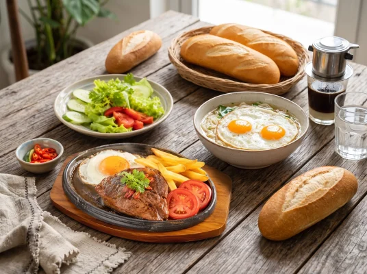 Vietnamese breakfast with fried eggs, banh mi and fresh vegetables